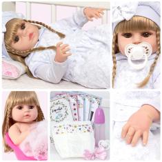 Imagem de Boneca Reborn Realista Loira Corpo 100% Vinil Com 13 Itens