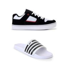 Imagem de Kit Tênis Branco Preto Skatista Chinelo Sandália Slide Unissex - Dk Sh