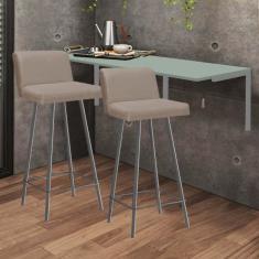 Imagem de Kit Mesa Suspensa de Parede Fixa MDF Verde Oliva + 2 Banquetas Lexi Ferro Prata Corino Bege - Ahazzo Móveis