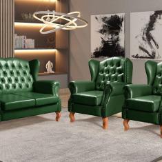 Imagem de Conjunto Imperador Sofá com Poltronas Chesterfield Decoração Retrô Vintage Verde