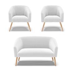 Imagem de Kit 1 Sofá Namoradeira e 2 Poltronas Stella Bouclê Off White Pés Palito Natural - D`Rossi