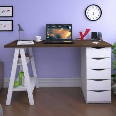 Imagem de Escrivaninha Cavalete 135cm 5 Gavetas 2 Prateleiras Spirit Artany Nogal/Branca