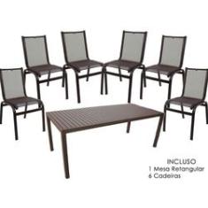 Imagem de Mesa de jantar retangular em alumínio com tampo ripado + 6 Cadeiras de tela sling