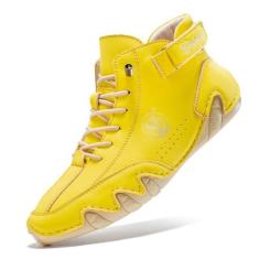 Imagem de FLYLAND Tênis feminino casual de couro, feito à mão, chukka, chukka, leve, sem cadarço, tênis para caminhada e direção, Amarelo, 40