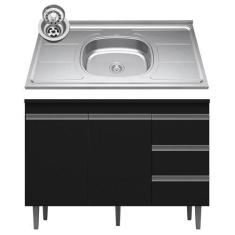 Imagem de Balcão Gabinete Com Pia Inox 120cm 2 Portas 3 Gavetas Andréia Preto To