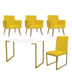 Imagem de Kit Escritório Stan 3 Poltronas com Cadeira e Mesa Industrial Tampo Branco Dourado Tecido Sintético Amarelo - Ahz Móveis