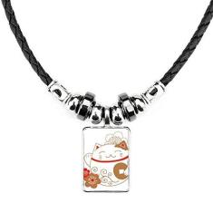 Imagem de DIYthinker Colar de cobre com flor de gato Lucky Fortune Japão joia Torque pingente de corda de couro
