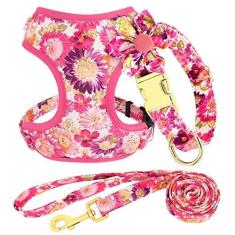 Imagem de Beirui Conjunto de coleiras, arreios e trelas para cães fofos - Conjunto de coleira e coleira ajustável com flor - colete de malha macia para cães pequenos e médios (rosa)