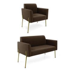 Imagem de Sofá Namoradeira E Poltrona Pé De Ferro Dourado Marisa Suede Marrom D03