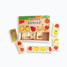 Imagem de Dominó Didático Madeira Animais e Frutas 28 Peças Brinquedo Educativo 