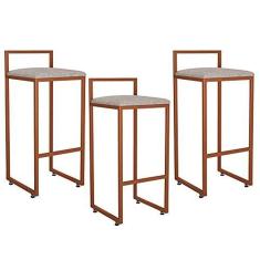 Imagem de Kit 03 Banquetas Alta Para Cozinha Sala de Jantar Hanna L02 Bronze Linho Bege - Lyam Decor