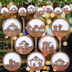 Imagem de Bucherry 8 peças de enfeites de presépio de Natal, flamingo, madeira, acrílico, corte 3D, enfeite de arquivo para pendurar, enfeite de presépio para árvore de Natal, decoração do nascimento de Jesus