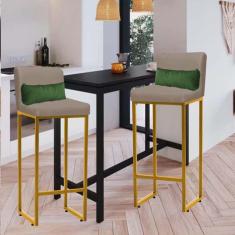 Imagem de Kit 02 Banqueta Alta com Encosto Lucca Industrial Cozinha Balcão Ferro Dourado Suede Bege e Almofada Verde - Ahazzo Móveis