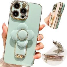 Imagem de Pretaco Capa para iPhone 15 Pro Max com suporte, [suporte oculto para telefone] [Linda flor Relif Rotativa de 360°] [Linha de borda dourada de luxo] Capa de telefone macia e fina para meninas e