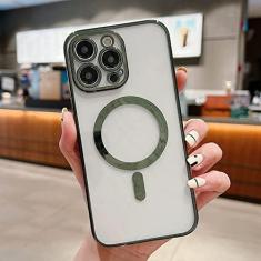 Imagem de Estojo de carga magnética sem fio transparente com revestimento de luxo para iPhone 11 13 12 14 Pro XS Max X XR 8 Plus Capa de silicone macio, verde escuro, para iPhone 13Pro Max