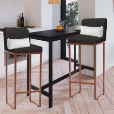 Imagem de Kit 02 Banqueta Alta com Encosto Lucca Industrial Cozinha Balcão Ferro Bronze Corino Branco e Almofada Cinza - Ahazzo Móveis
