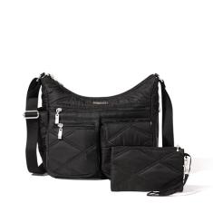 Imagem de Baggallini Everywhere Bagg Bolsa tiracolo feminina de nylon leve 28 x 23 cm Hobo resistente à água com proteção RFID, Colcha preta, One Size