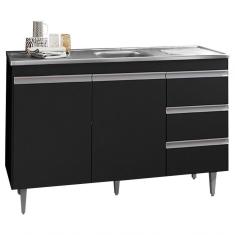 Imagem de Balcão Gabinete Com Pia Inox 120Cm 2 Portas 3 Gavetas Andréia Preto Total - Ajl Móveis