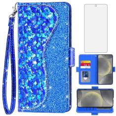 Imagem de Asuwish Capa de telefone para Samsung Galaxy S24 FE 5G capa carteira com protetor de tela de vidro temperado e alça de pulso flip porta-cartões com glitter acessórios para celular S 24 EF S24FE 24S