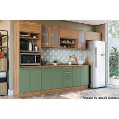Imagem de Cozinha Completa Botanic 8 Peças (3 Armários + 2 Balcões + 1 Paneleiro + 2 Complementos) M663 Nogueira/Verde Oliva - Kappesberg