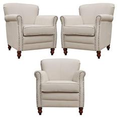 Imagem de Kit 03 Poltronas Decorativas Sala de Estar Brunei Pés Madeira Couro Off White - Gran Belo