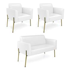 Imagem de Sofá Namoradeira e 2 Poltronas Pé de Ferro Dourado Marisa Corano Branco D03 - D`Rossi
