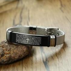 Imagem de Pulseira Masculina Malha De Aço Oração Pai Nosso Em Espanhol