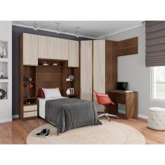 Imagem de Guarda Roupa Solteiro de Canto 6 Portas com Escrivaninha Nogueira Legno Crema Prime Luciane Móveis