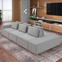 Imagem de Sofá Ilha com Encosto e Almofadas Móveis Olimpo 395cm Modulado Veludo Cinza G45 - Gran Belo