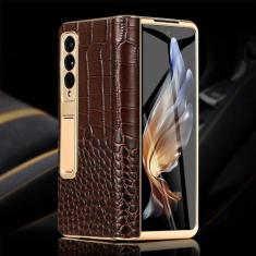 Imagem de Capa de telefone de couro para Samsung Galaxy Z Fold 5 4 3 Fold4 Fold5 banhado a ouro dobradiça magnética suporte capa traseira com filme espelhado, grão de crocodilo, para Galaxy Z Fold 4