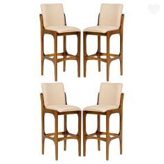 Imagem de Kit 4 Banquetas Alta para Bancada Lisboa Madeira Imbuia Linho Bege M58 rmi