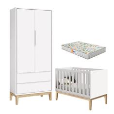 Imagem de Berço Americano e Guarda Roupa 2 Portas New Classic Branco com Pés Madeira Natural e Colchão Gazin - Reller 