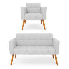 Imagem de Kit 1 Sofá Namoradeira e 1 Poltrona Elisa Linho Cinza A05 Pés Palito Castanho - D`Rossi