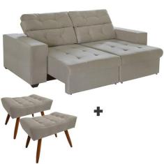 Imagem de Kit Sofá 3 Lugares New Itália 200cm Bege Retrátil Reclinável, Com 2 Pu