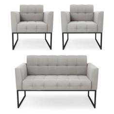 Imagem de Kit 1 Sofá Namoradeira E 2 Poltronas Elisa Veludo Cinza Base Metálica
