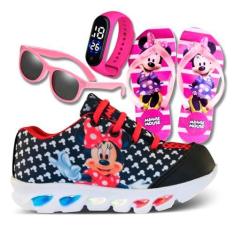 Imagem de Tênis De Led Infantil Menina Feminino Minnie + Chinelo + Relógio + Óculos, Tamanho 32