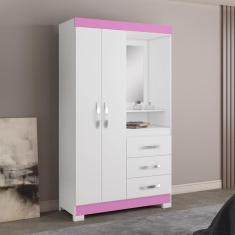 Imagem de Guarda-roupa Solteiro Espelho 2 Portas 3 Gavetas Branco/rosa