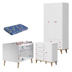 Imagem de Quarto de Bebê Fernanda 3 Portas com Berço Ludmila Branco Acetinado Bétula e Colchão Ortobom  - Carolina Baby 