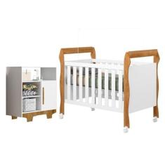 Imagem de Quarto de Bebê com Berço Mini Cama 3 em 1 Soninho e Cômoda 100% Mdf 1 Porta 3 Prateleiras Flocos Branco/madeirado Ypê