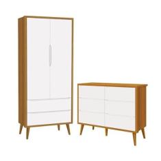 Imagem de Jogo de Quarto Infantil Theo Guarda Roupa 2 Portas e Cômoda 6 Gavetas Branco/savana com Pés Amadeirado - Reller Móveis
