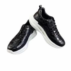 Imagem de All-Match Tênis masculino preto e branco autêntico pele de crocodilo genuíno couro de jacaré exótico, sola macia com cadarço, Preto, 38