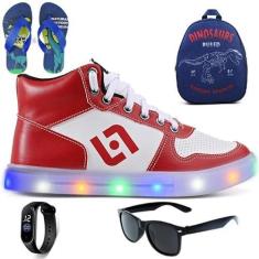 Imagem de Tenis Infantil De Led Meninos Botinha Cano Alto Escolar Casual Basico + Mochila Chinelo Oculos Relogio