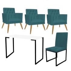 Imagem de Kit Escritório Stan 3 Poltronas Maria com Cadeira e Mesa Industrial Branco Preto Suede Azul Turquesa - Ahz Móveis