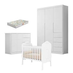 Imagem de Quarto de Bebê Eloá com Berço Americano Realeza Branco Acetinado com Colchão Gazin - Phoenix Baby