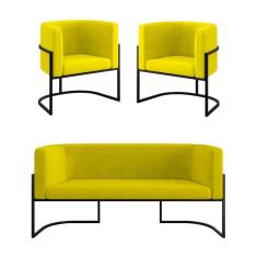 Imagem de Kit 2 Poltronas + Sofá 2 Lugares Base De Metal Black Balaqui Amarelo