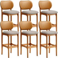 Imagem de Kit 06 Banquetas Altas Para Cozinha Betta L02 Imbuia Couríssimo Whisky Linho Bege - Lyam Decor