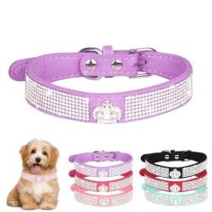 Imagem de Coleira de cachorro pequena com coroa de strass, linda joia de cristal brilhante brilhante para filhotes de cachorro XXS Xs pequeno médio animal de estimação meninas cães fêmeas gatos gatinhos, roxo