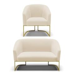 Imagem de Sofá Namoradeira e Poltrona Base Industrial Dourado Stella Linho Bege A19 D03 - D'Rossi