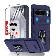 Imagem de Capa para Google Pixel 8 Pro com protetor de tela (2 pacotes), capa de câmera deslizante embutida + suporte de anel de rotação de 360° capa protetora de grau militar para celular para Google Pixel 8