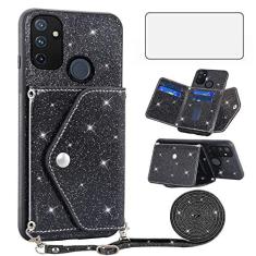 Imagem de Asuwish Capa de telefone para OnePlus Nord N100 capa carteira com protetor de tela de vidro temperado e alça transversal cordão brilhante suporte para cartão One Plus N 100 4G 1 Plus 1 Plus One + 100N